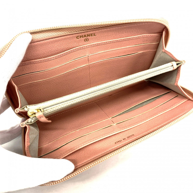 5oe5697-h】シャネル 長財布 カメリア レザー ピンク ゴールド金具