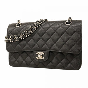 【5oe5790-h】シャネル ショルダーバッグ マトラッセ Wフラップ Wチェーン キャビアスキン ブラック シルバー金具【中古】レディース