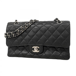 【5oe5882-h】シャネル ショルダーバッグ マトラッセ Wフラップ Wチェーン キャビアスキン ブラック シルバー金具【中古】レディース