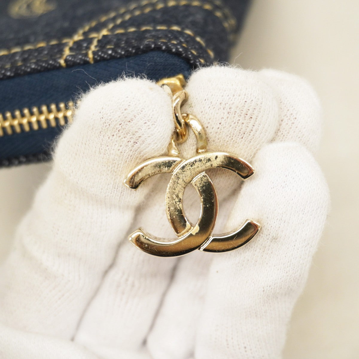 5oe6313】シャネル コインケース デニム ネイビー シャンパンゴールド