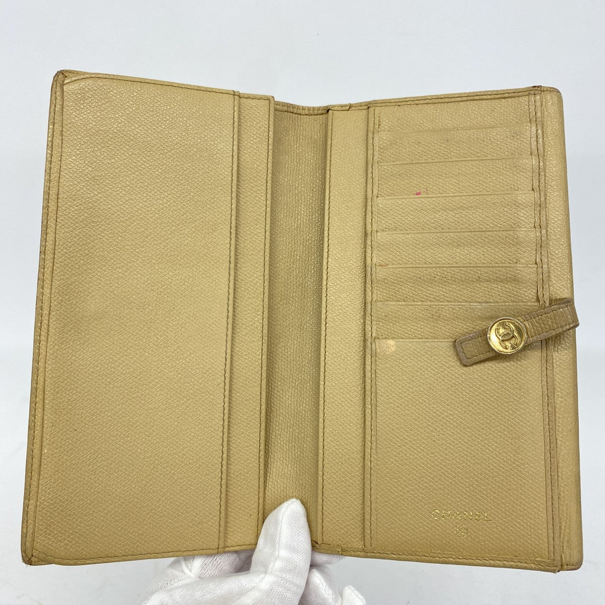 5pa0152】シャネル 長財布 ココボタン レザー ベージュ ゴールド金具