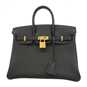 【5pa0523-g-h】エルメス ハンドバッグ バーキン25 ヴェルソ トゴ ブラック ブルーサフィール ゴールド金具 W刻印【中古】レディース