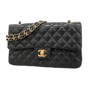 【5pa0584-h】シャネル ショルダーバッグ マトラッセ Wフラップ Wチェーン ラムスキン ブラック ゴールド金具【中古】レディース