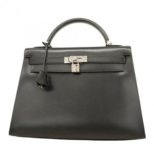 【5pa0721-h】エルメス ハンドバッグ ケリー32 ボックスカーフ ブラック シルバー金具 □D刻印【中古】レディース