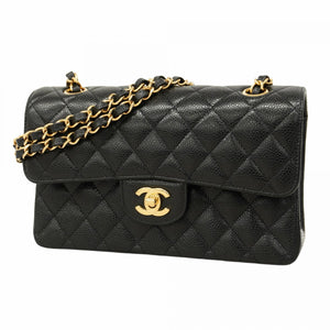 【5pa0858-h】シャネル ショルダーバッグ マトラッセ Wフラップ Wチェーン キャビアスキン ブラック ゴールド金具【中古】レディース