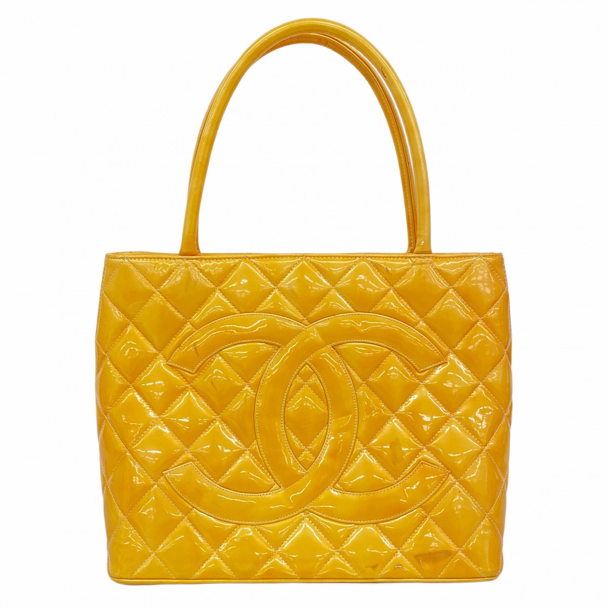 【5pa0915】シャネル トートバッグ 復刻トート パテントレザー イエロー シルバー金具【中古】レディース