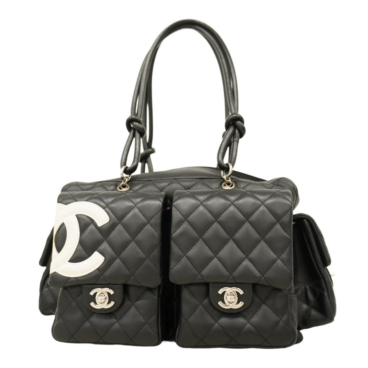 【5pa0954-h】シャネル トートバッグ カンボン マルチポケット ラムスキン ブラック シルバー金具【中古】レディース