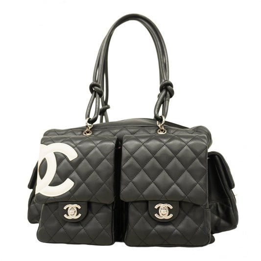 【5pa0954-h】シャネル トートバッグ カンボン マルチポケット ラムスキン ブラック シルバー金具【中古】レディース