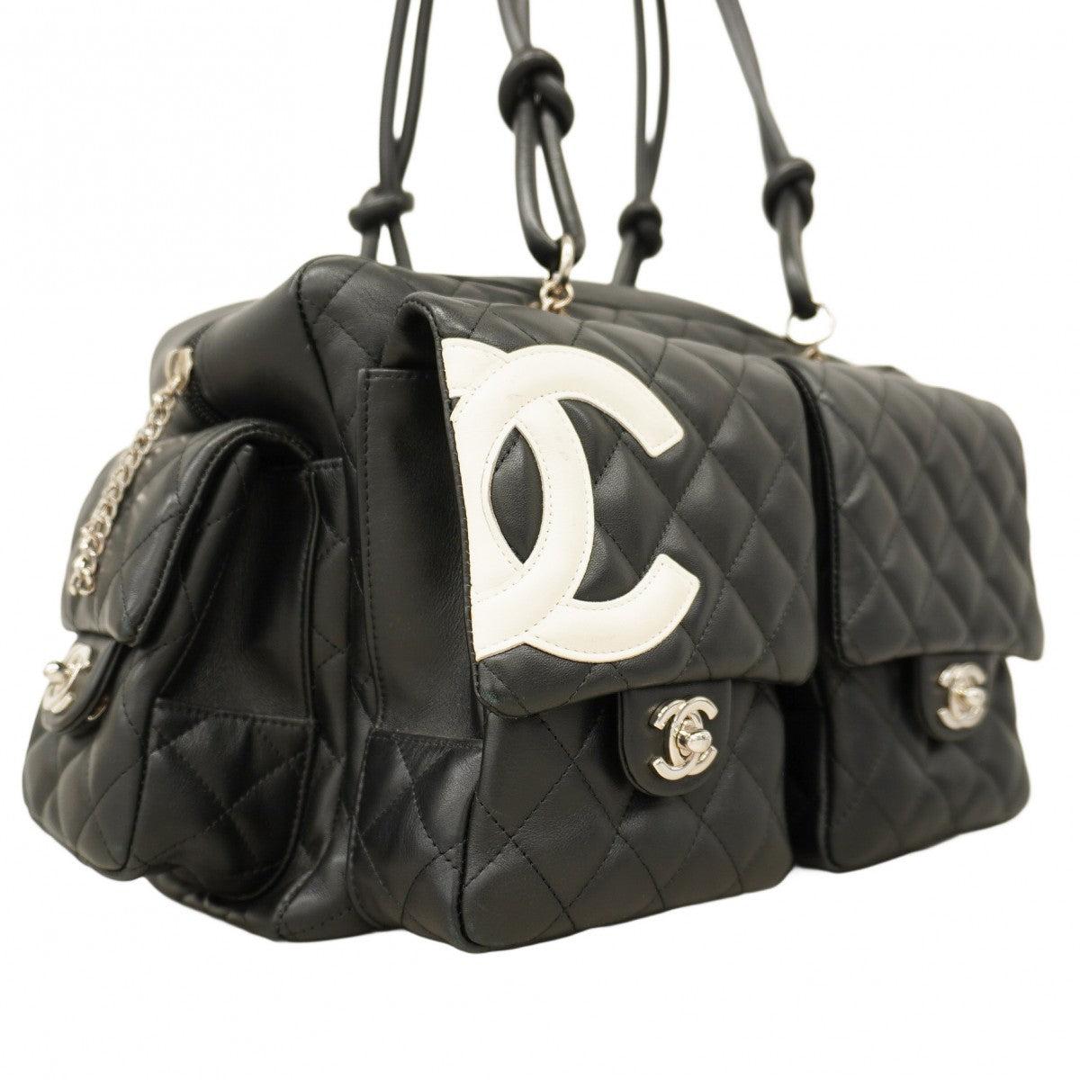 【5pa0954-h】シャネル トートバッグ カンボン マルチポケット ラムスキン ブラック シルバー金具【中古】レディース