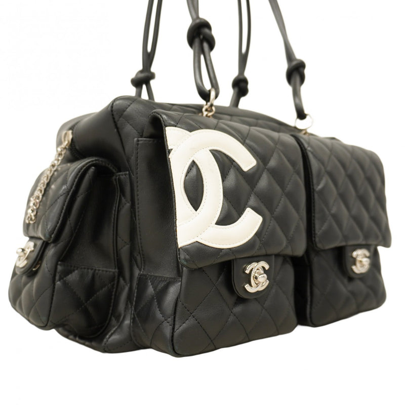 【5pa0954-h】シャネル トートバッグ カンボン マルチポケット ラムスキン ブラック シルバー金具【中古】レディース