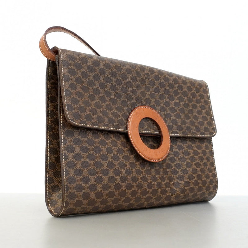 【5pa0969-h】セリーヌ ショルダーバッグ マカダム PVC ブラウン ゴールド金具【中古】レディース