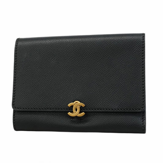 【5pa0970-h】シャネル 三つ折り財布 レザー ブラック ゴールド金具【中古】レディース