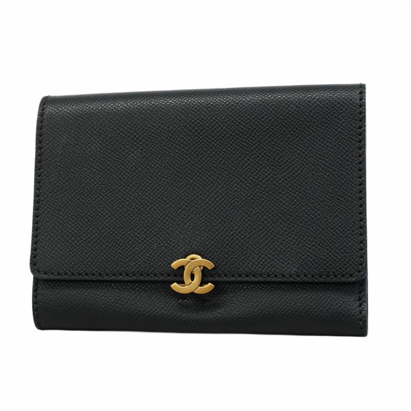 【5pa0970-h】シャネル 三つ折り財布 レザー ブラック ゴールド金具【中古】レディース