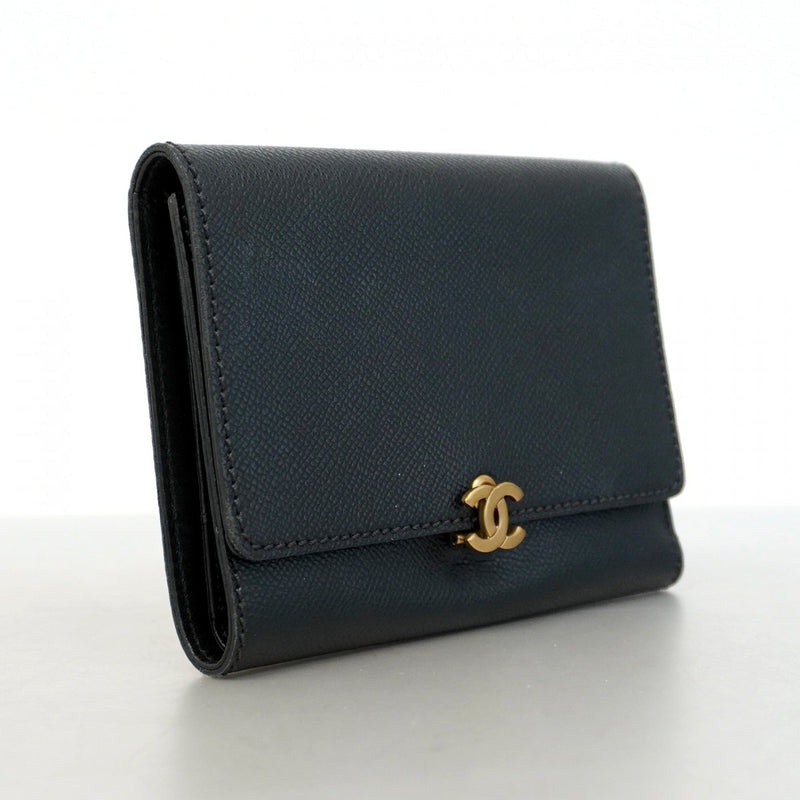 【5pa0970-h】シャネル 三つ折り財布 レザー ブラック ゴールド金具【中古】レディース