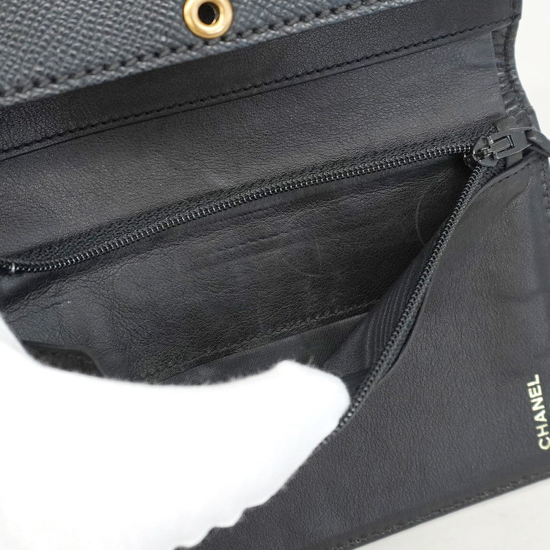 【5pa0970-h】シャネル 三つ折り財布 レザー ブラック ゴールド金具【中古】レディース