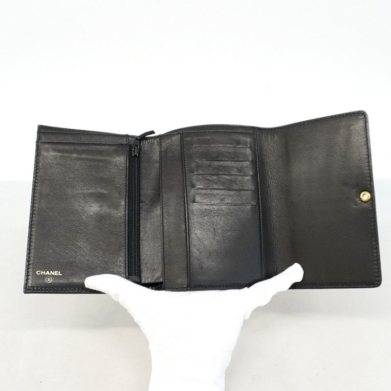 【5pa0970-h】シャネル 三つ折り財布 レザー ブラック ゴールド金具【中古】レディース