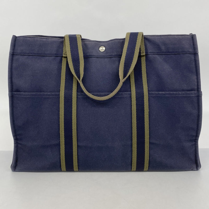 【5pa0983】エルメス トートバッグ フールトゥGM キャンバス ネイビー グリーン シルバー金具【中古】レディース