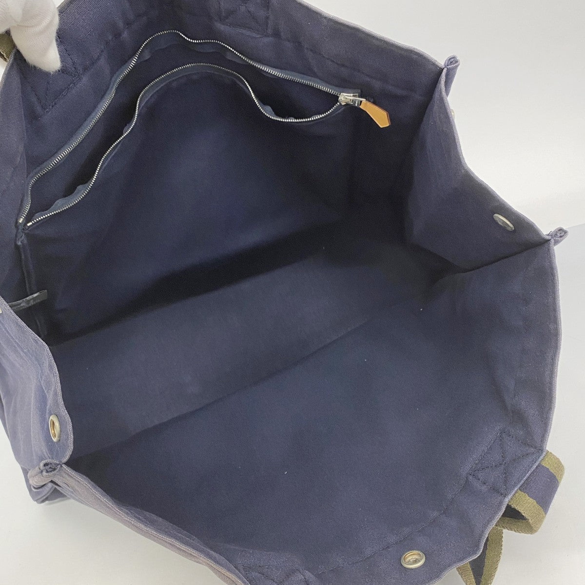【5pa0983】エルメス トートバッグ フールトゥGM キャンバス ネイビー グリーン シルバー金具【中古】レディース