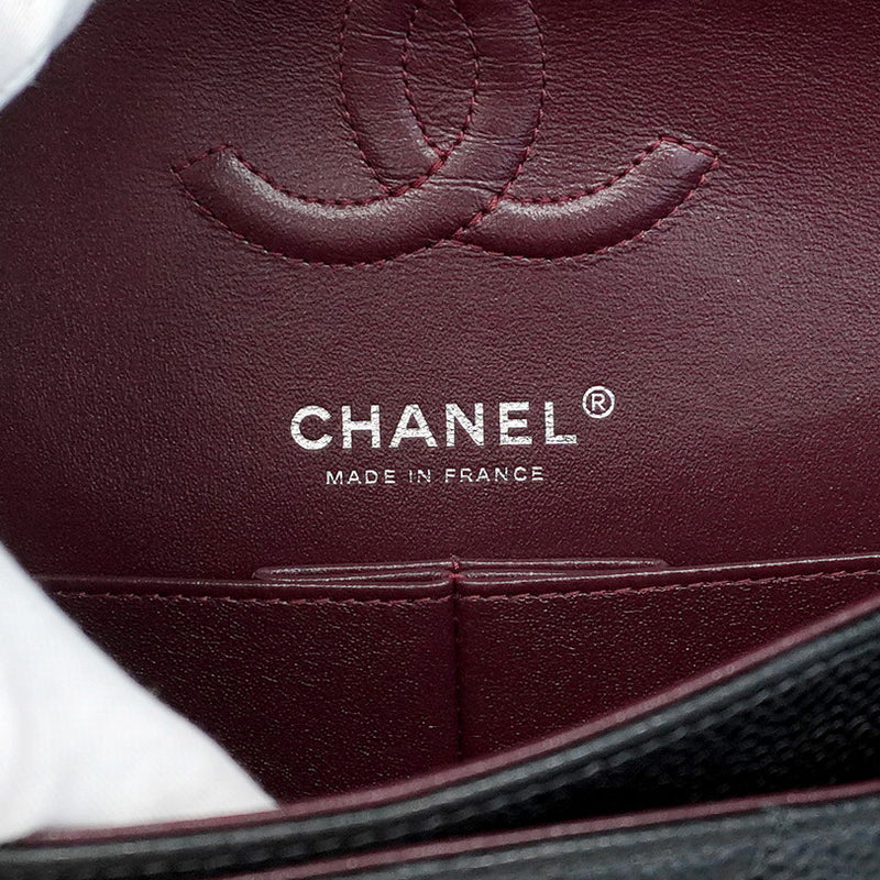 【5pa0993-e】シャネル ショルダーバッグ マトラッセ Wフラップ Wチェーン キャビアスキン ブラック シルバー金具【中古】レディース