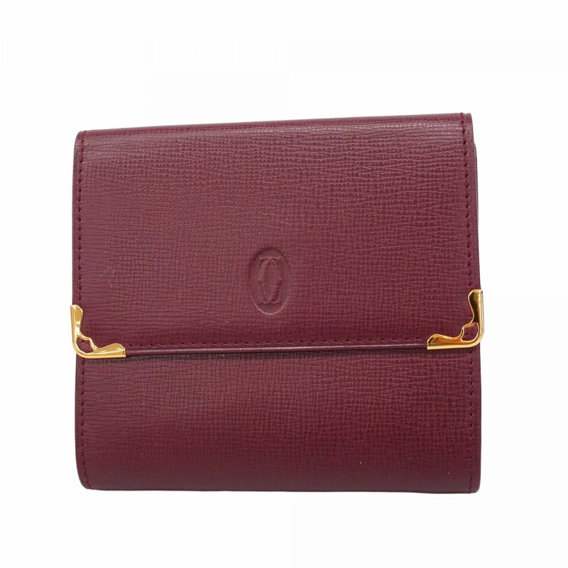 5pa1374】カルティエ 三つ折り財布 マスト レザー ボルドー ゴールド