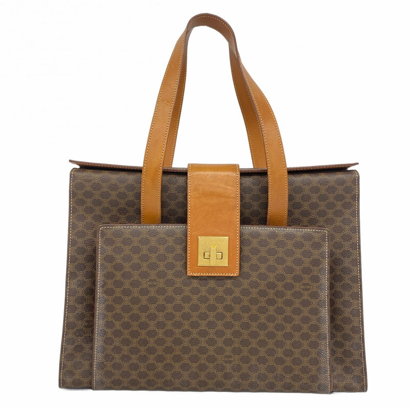 5pb2223】セリーヌ トートバッグ マカダム PVC ブラウン ゴールド金具