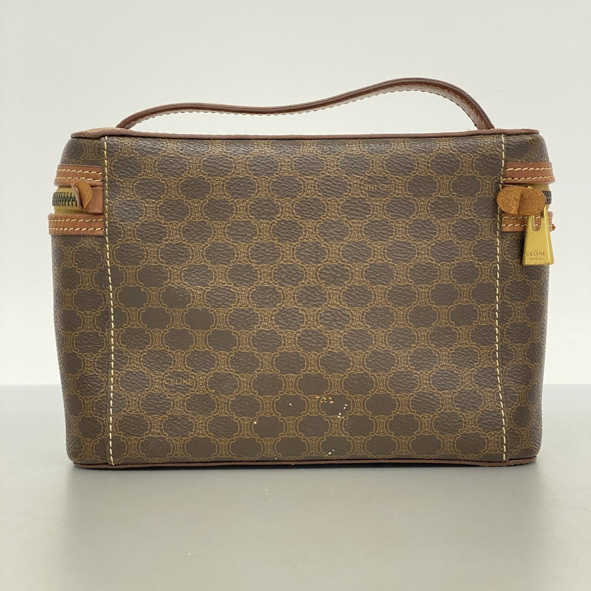 【CELINE】バニティバッグ　マカダム柄　ゴールド金具　PVC ダークブラウン 5pc3498】セリーヌ バニティバッグ マカダム PVC ブラウン ゴールド