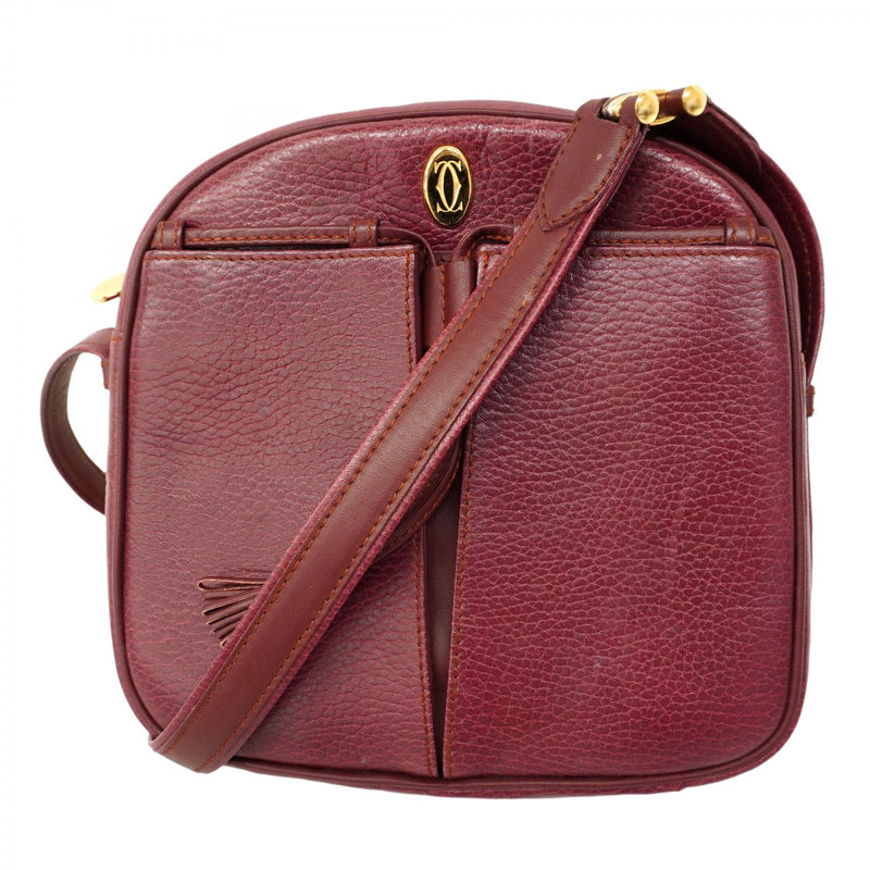 【良品】カルティエ　ショルダーバッグ　サコッシュ　レザー　ボルドー　ゴールド金具 美品】カルティエショルダーバッグレザーボルドーゴールド金具