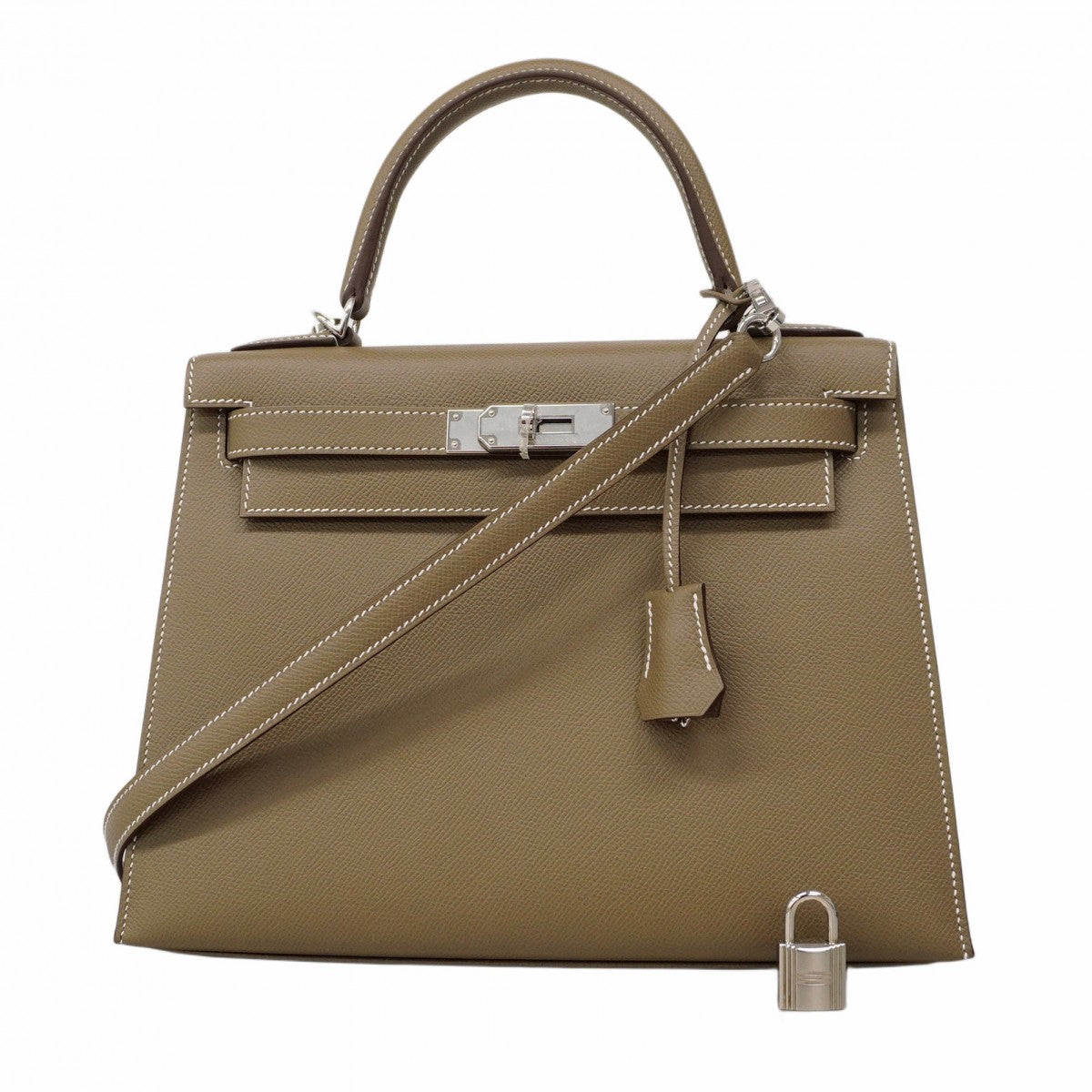 ★SALE【5pd4882-g】エルメス ハンドバッグ ケリー28 ヴォーエプソン エトゥープ シルバー金具 D刻印 2wayバッグ【中古】レディース