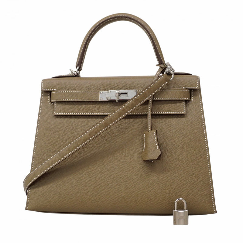 ★SALE【5pd4882-g】エルメス ハンドバッグ ケリー28 ヴォーエプソン エトゥープ シルバー金具 D刻印 2wayバッグ【中古】レディース