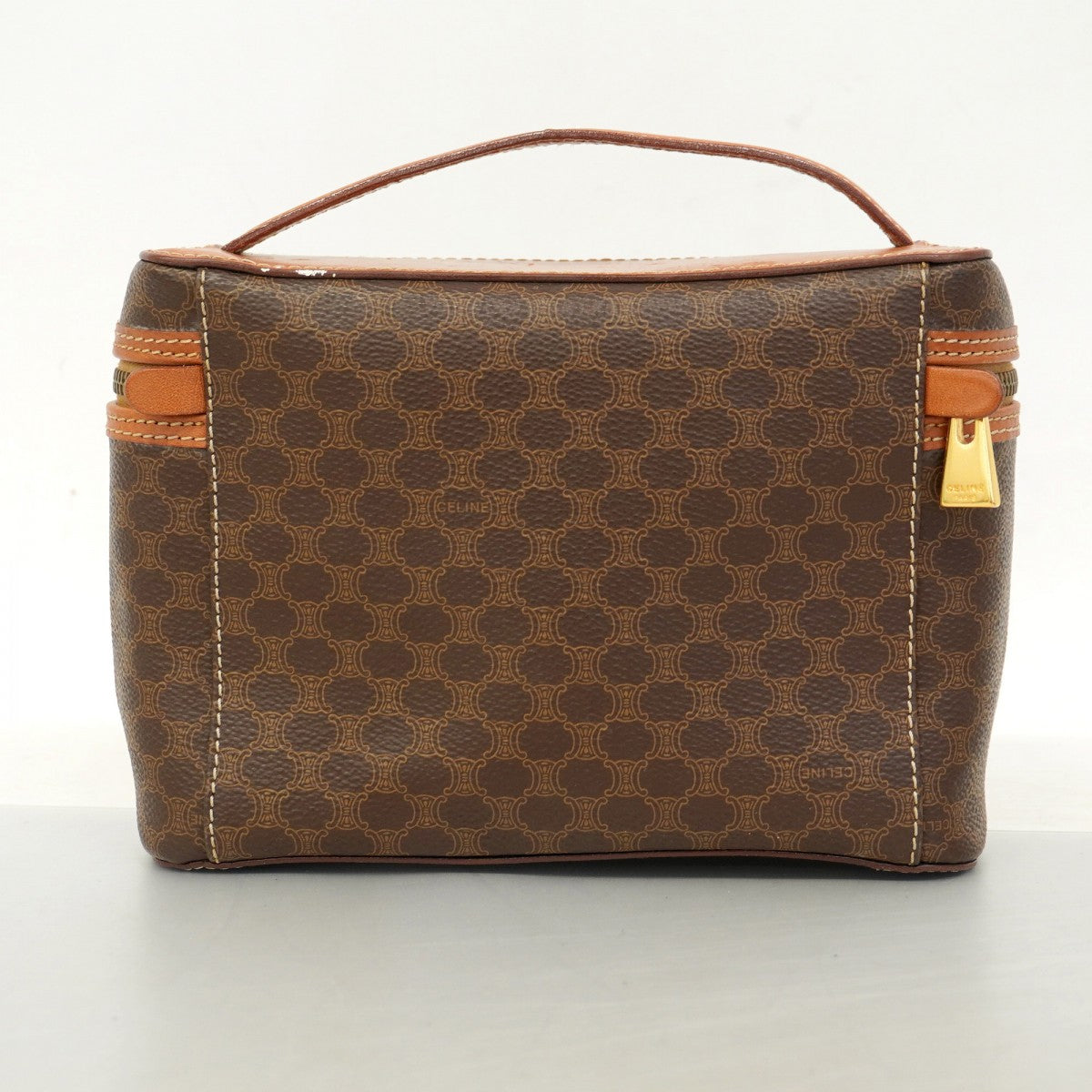 【CELINE】バニティバッグ　マカダム柄　ゴールド金具　PVC ダークブラウン CELINE セリーヌ マカダム柄 バニティバッグ メイクポーチ ゴールド