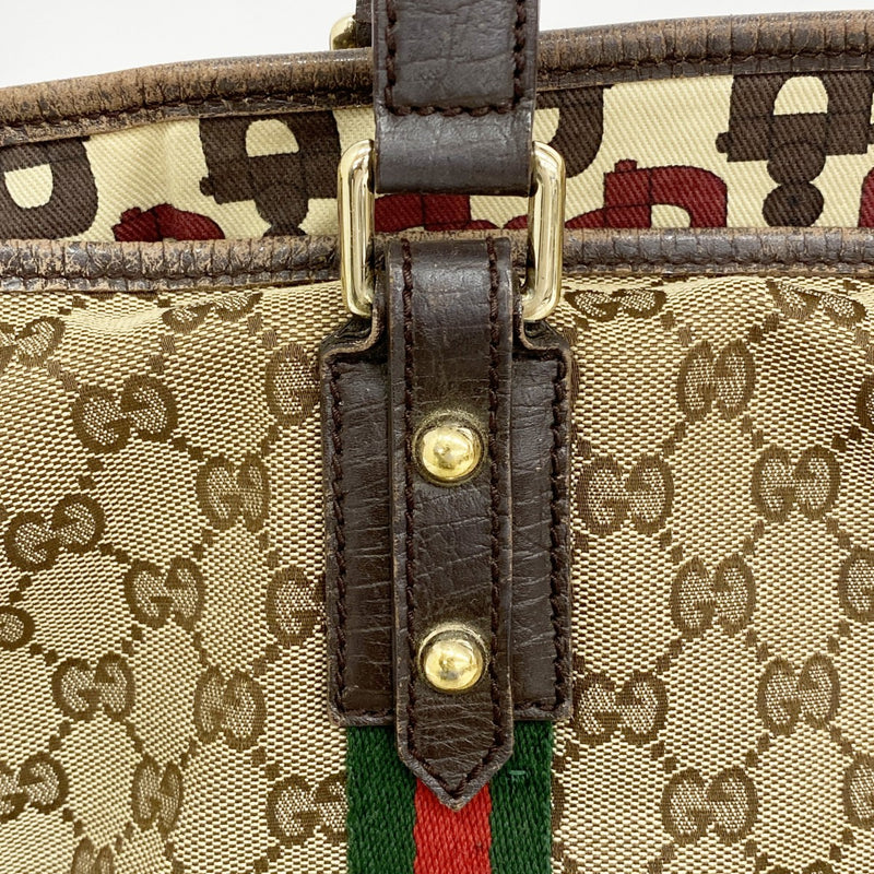 美品 グッチ キャンバス トートバッグ GG柄 ロゴ型押し シェリーライン 茶 極美品 グッチ GGキャンバス シェリー ライン 131233 レザー トート