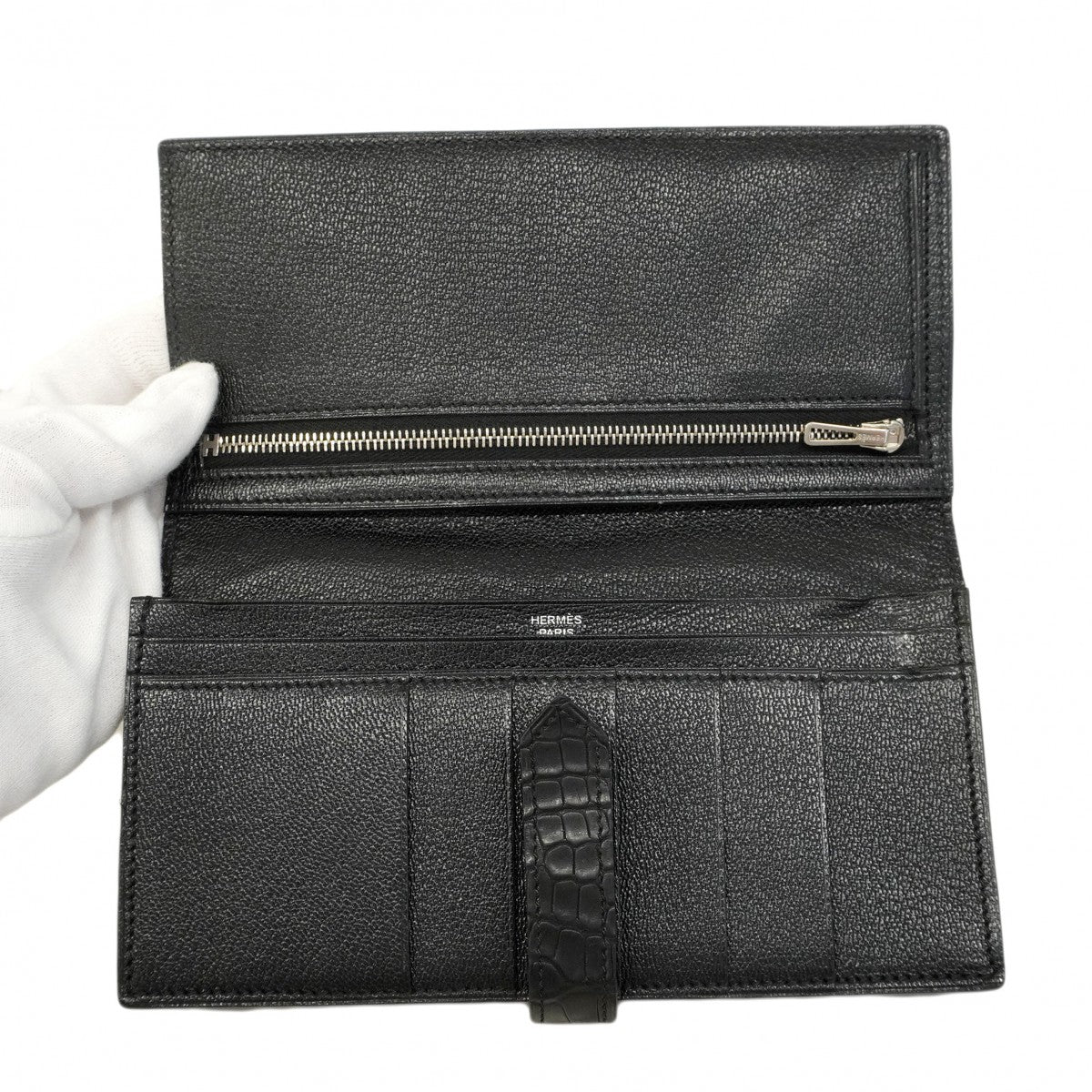 5pd6673】エルメス 長財布 ベアンスフレ アリゲーター ブラック