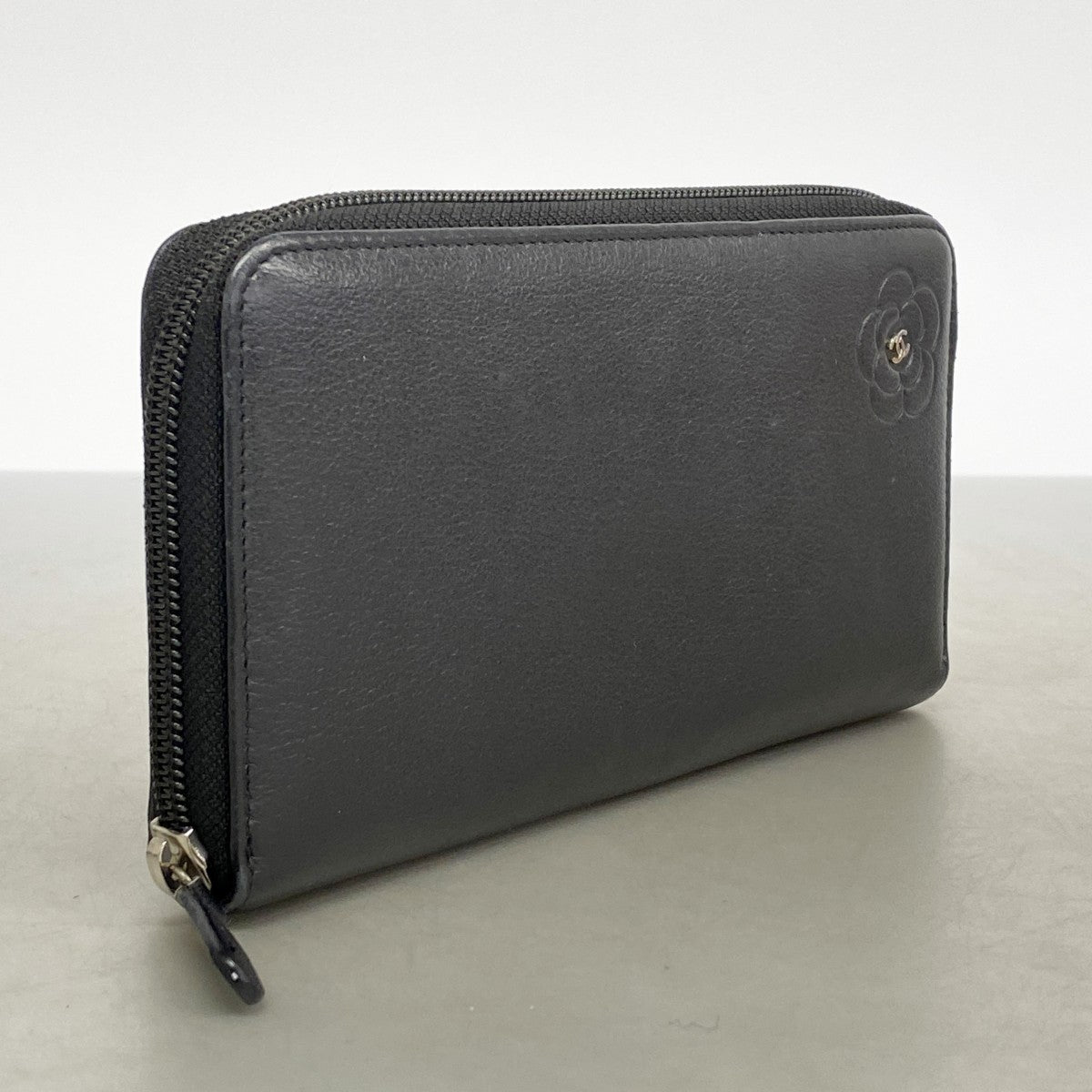 6ad4099-k】シャネル 長財布 カメリア レザー ブラック シルバー金具