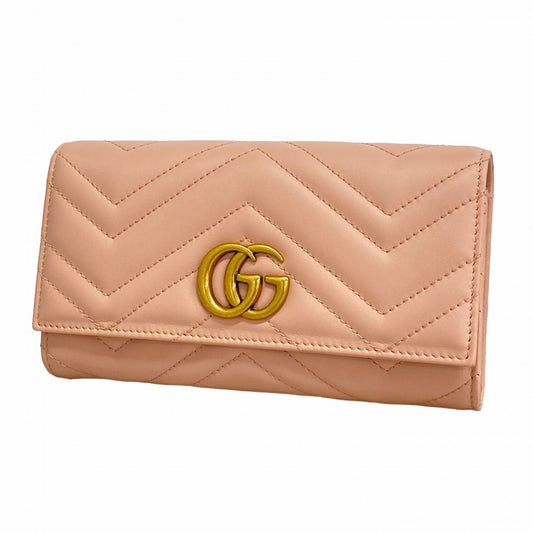 【6ad4101-k】グッチ 長財布 GGマーモント 443436 レザー ピンク ゴールド金具【中古】レディース
