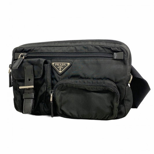 【6ad4196-k-r】プラダ ウエストバッグ テスート ナイロン ブラック シルバー金具【中古】メンズ レディース ユニセックス