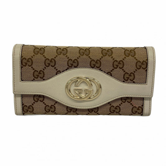 【6ae5144-k】グッチ 長財布 GGキャンバス インターロッキングG 282431 キャンバス ブラウン ベージュ シャンパンゴールド金具【中古】レディース