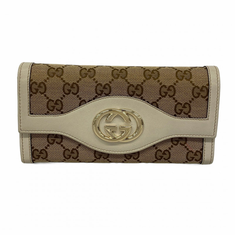 【6ae5144-k】グッチ 長財布 GGキャンバス インターロッキングG 282431 キャンバス ブラウン ベージュ シャンパンゴールド金具【中古】レディース