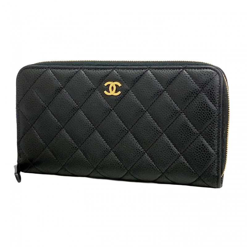 【6ae5572-k】シャネル 長財布 マトラッセ キャビアスキン ブラック ゴールド金具【中古】レディース