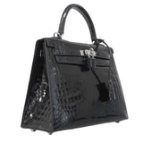 ★SALE【6bb1891-g】エルメス ハンドバッグ ケリー25 ニロティカス ブラック シルバー金具 W刻印 2wayバッグ【中古】レディース