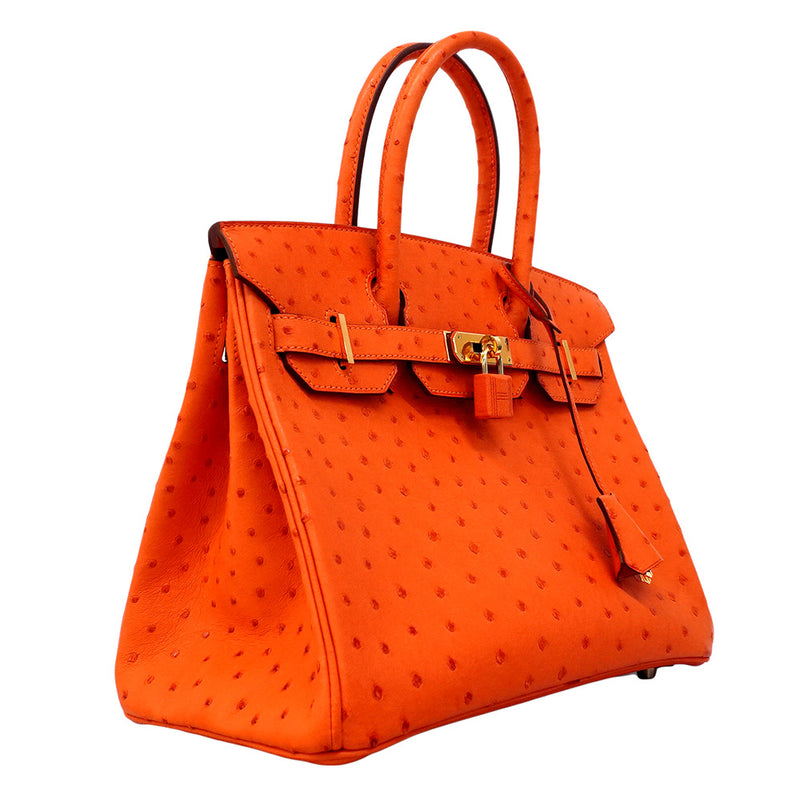 ★SALE【6bb1892-g】エルメス ハンドバッグ バーキン30 オーストリッチ タンジェリン ゴールド金具 A刻印【中古】レディース