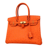 ★SALE【6bb1892-g】エルメス ハンドバッグ バーキン30 オーストリッチ タンジェリン ゴールド金具 A刻印【中古】レディース