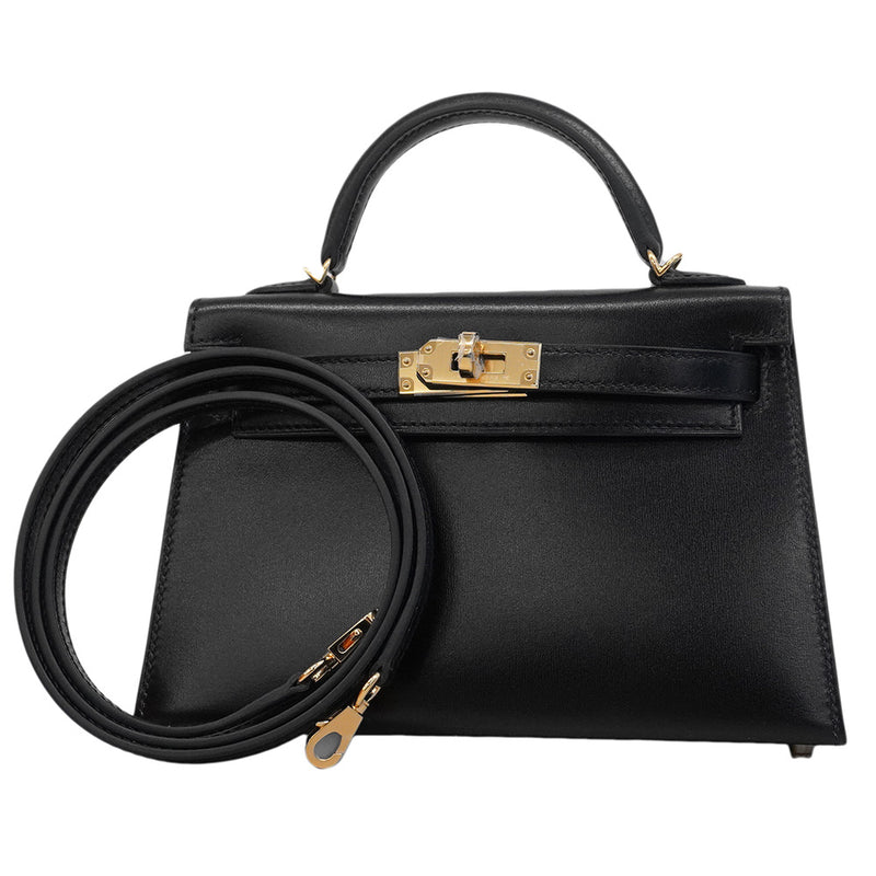 ★SALE【6bb1893-g】エルメス ハンドバッグ ミニケリー2 ボックスカーフ ブラック ゴールド金具 K刻印 2wayバッグ【中古】レディース