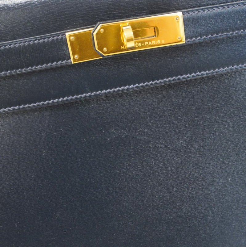 ★SALE【6bc4126-h】エルメス ハンドバッグ ケリー28 ボックスカーフ ネイビー ゴールド金具 ○T刻印 2wayバッグ【中古】レディース