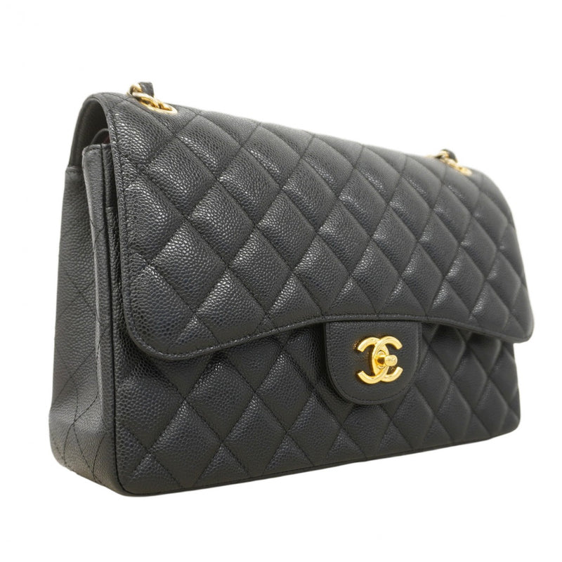 ★SALE【6bc4213】シャネル ショルダーバッグ デカマトラッセ Wフラップ Wチェーン キャビアスキン ブラック ゴールド金具【中古】レディース