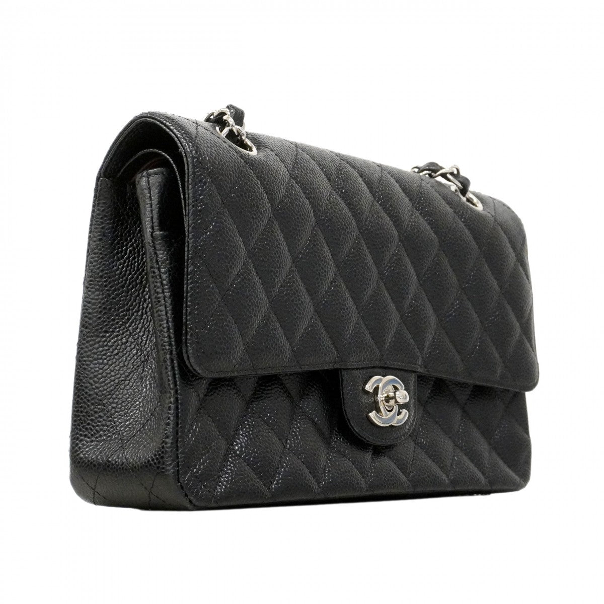 ★SALE【6bd4648】シャネル ショルダーバッグ マトラッセ Wフラップ Wチェーン キャビアスキン ブラック シルバー金具【中古】レディース