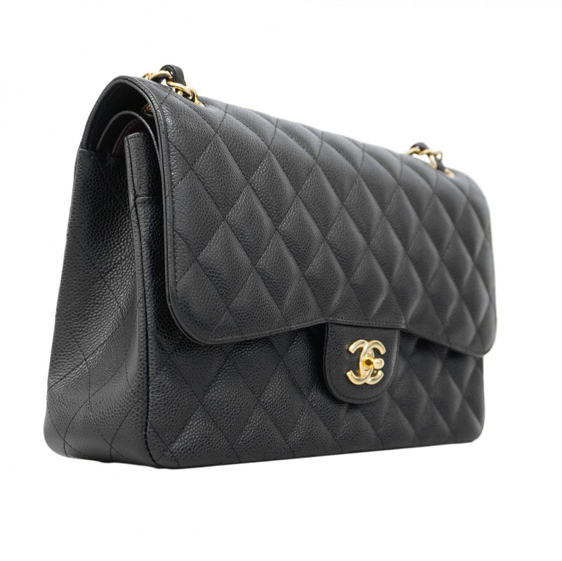 ★SALE【6bd4698】シャネル ショルダーバッグ マトラッセ Wフラップ Wチェーン キャビアスキン ブラック ゴールド金具【中古】レディース