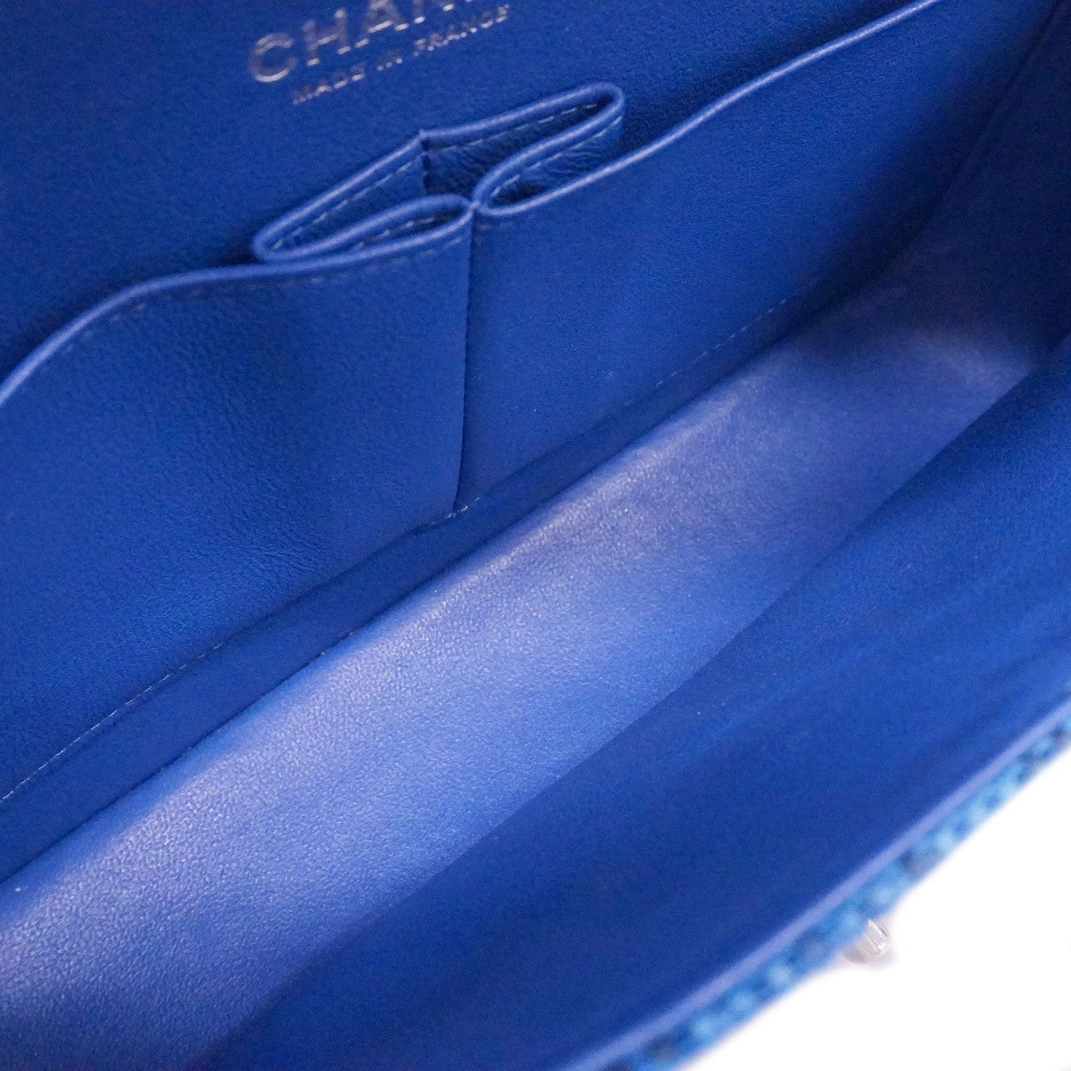 【6bd5621】シャネル ショルダーバッグ マトラッセ Wフラップ Wチェーン ツイード ブルー シルバー金具【中古】レディース