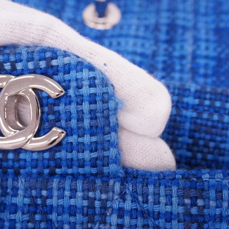 【6bd5621】シャネル ショルダーバッグ マトラッセ Wフラップ Wチェーン ツイード ブルー シルバー金具【中古】レディース