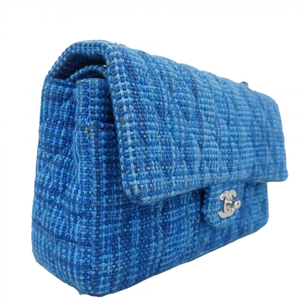 【6bd5621】シャネル ショルダーバッグ マトラッセ Wフラップ Wチェーン ツイード ブルー シルバー金具【中古】レディース