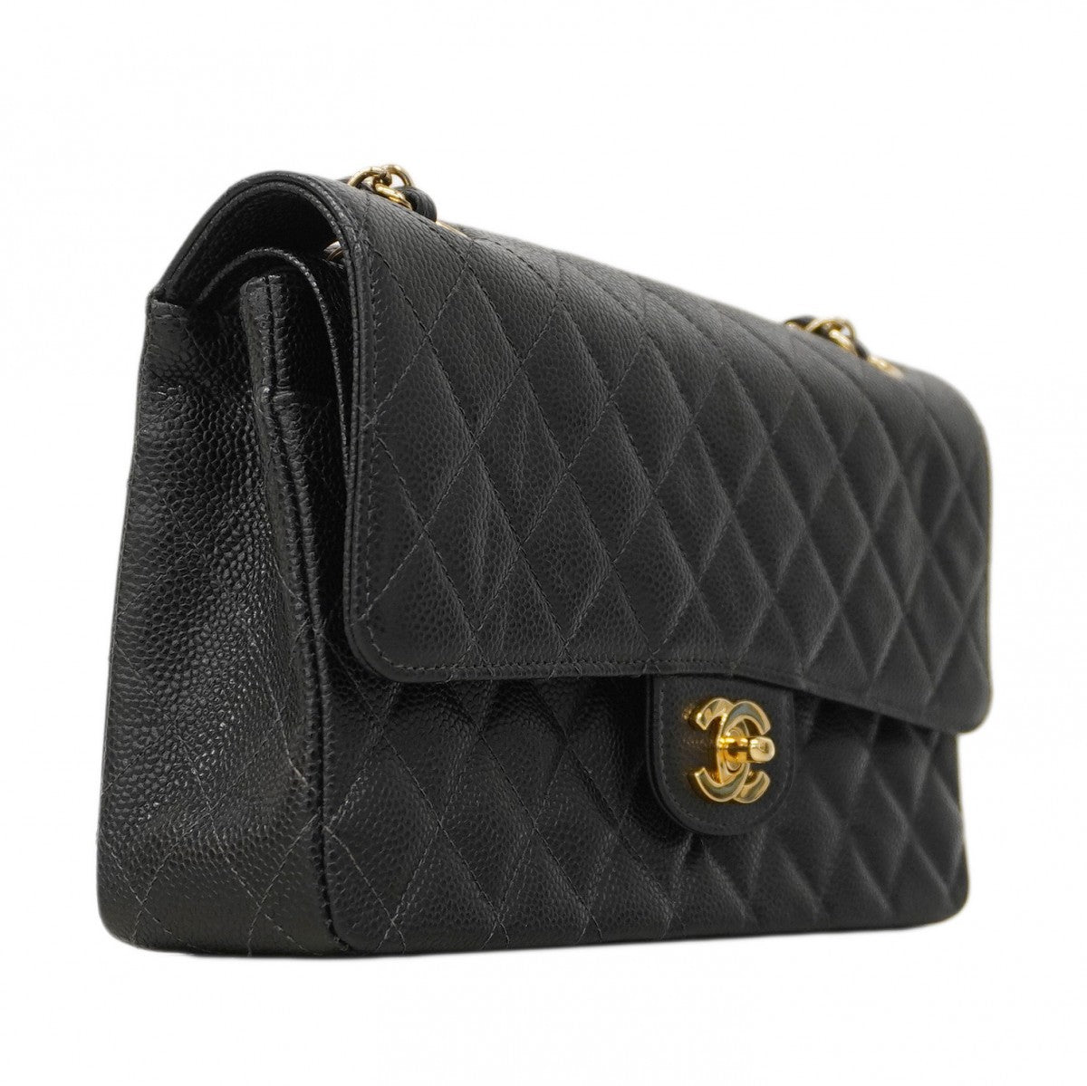 【6ca0338】シャネル ショルダーバッグ マトラッセ Wフラップ Wチェーン キャビアスキン ブラック ゴールド金具【中古】レディース